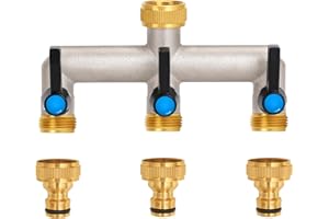 OPERMAXER 3-Wege Wasserhahn Wasserverteiler, Verlängerter Griff, 3/4 Zoll Messing Wasseranschluss Verteiler mit individuellem Absperrhähnen，3er Verteiler 3/4" Adapter 1/2" für Geräte/Gartenschläuche