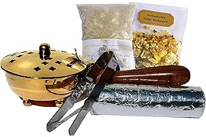 ‎MYZIRBE Räucherpfanne Set 5 teilig Räuchergefäß zum Räuchern von Weihrauch, Harzen, inkl. Weihrauch, Räucherkohle, Räuchersand, Räucherzange (Gold/Messing)