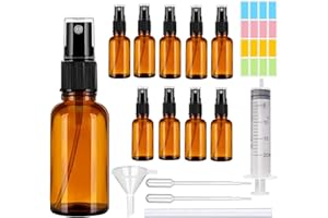 CafullCon 10 Stück Sprühflasche Glas, 50ml Braunglas Sprühflaschen zum Befüllen Tragbares, Nachfüllbar Zerstäuber mit Trichte, Tropferr und Etiketten für Wasser Alkohol Kosmetik Parfüm Aromatherapie