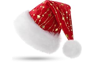 KONVINIT Santa Hat for Adults，Fluffy Christmas Hat with Gold Stars,Warm Large Xmas Hat for Men and Women