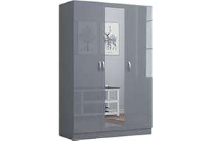 Nera 3 Door Wardrobe with Mirror Shelves and Hanging Rail Tall Wardrobes for Bedrooms Storage (Gloss Grey (Matt Grey))