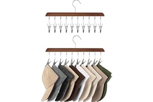 StorageWorks Hat Organiser, Wooden Hangers for Baseball Cap Storage, Set of 2 Cap Organizer with Adjustable Stainless Steel Clips, Fits All Caps, Hat Storage Racks for Closet, Natural Walnut Colour