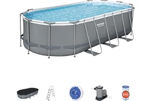 BESTWAY 56710 - Piscina Desmontable Tubular Power Steel Oval 549x274x122 cm Depuradora de cartucho de 5.678 litros/hora Con Cobertor y Escalera