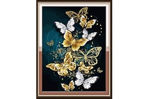 KAMIERFA Point de Croix Broderie Kits de Couture à la Main Bricolage 11CT Estampé pour Les Débutants Kit de Broderie Pré-imprimé Motif 35x50cm Papillons dorés