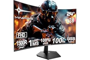 ‎MINIFIRE Minifire 24 Zoll Gaming Monitor, 100Hz, Curved Gaming Monitor, Lautsprecher, USB Type-C Port, 1Ms, sRGB100%, FHD 1080P Computer Bildschirm, VESA kompatibel, Eye Care Adaptive Sync HDMI Port （MF24C1 ）