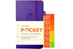 LADYACCES Agenda Settimanale 2025 [Gen.2025-Dez.2025 - Tascabile 16,5 x 9 cm] - Copertina rigida in pelle PU - Agenda A6, 1 settimana 2 pagine, con tasca interna - Viola