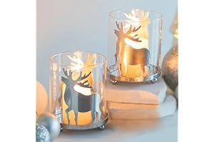 Sziqiqi Kerzenständer für Weihnachtsdeko Silber: Teelichthalter Hirsch mit Windlicht Glas 2 Stück Dekorative Kerzenhalter Stumpenkerzen Geweih für Weihnachten Xmas Tisch Fensterbank Dekor
