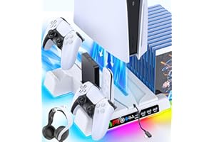 KYTOK PS5/PS5 Slim/PS5 PRO Standfuß mit 3 Stufen Lüfter und PS5 Controller Ladestation für alle PS5 Konsole, PS5 Ständer mit LED Anzeige/3 USB Anschlüsse/Remote- und 14 Spiele Steckplätze für PS5 Zubehör