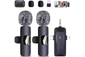 QINOJA Micro Cravate sans Fil pour iPhone/Téléphone/Caméra/Ordinateur - Mini Microphone 4 en 1 à Pince avec Filtres Anti-Pop pour Enregistrement Vidéo Diffusion en Direct Vlogs et TikTok