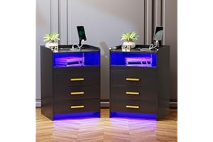 Lvifur Tavolino da Letto Comodino a LED con Stazione di Ricarica, 24 Colori Dimmerabile Comodino con 3 Cassetti, Sensore Automatico TYPE-C USB Soggiorno Camera da Letto Set di 2 Nero