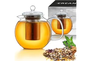 Creano Théière en verre avec filtre en acier inoxydable intégré et couvercle en verre Idéal pour la préparation de thés tropical 1,7 l, Verre, 1,3 l
