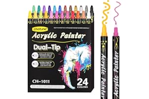 CHOTUNE 24PCS Bolígrafos Acrílicos al Agua con Doble Punta (Punta Fina y Punta Redonda) Bolígrafos de Pintura Acrílica Varias Superficies para Plástico Vidrio Madera Cerámica Metal Neumáticos