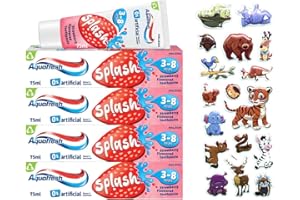 PHELEAM 4 x Splash Toothpaste 3-8 Years Strawberry Flavour 50ml, Includes 3D Puffy Animal Sticker Sheet (Animal Sticker Sheets Selected at Random), Kids Toothpaste Multipack Bundle, Decay Protection