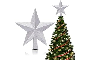 HONGECB Czubek na choinkę z tworzywa sztucznego, błyszczące drzewo, gwiazda, gwiazda choinkowa, szpic, brokatowa dekoracja bożonarodzeniowa, błyszcząca ozdoba choinkowa, 20 cm, srebrny