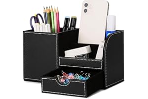GORESE Organizer da Scrivania - Multifunzionale Portapenne,Portaoggetti da scrivania in elegante pelle PU Nero per Organizzatore di Cancelleria, Biglietti da Visita, Penne,Cellulari (Nero 1)