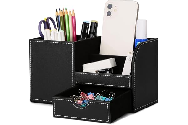 GORESE Organisateur de Bureau, Rangement de Bureau en Cuir Pot à Crayons Porte-Stylo Peu Encombrant, 4 Compartiments de Stylos, Agrafeuses, Dossiers, Notes Autocollantes, Téléphones(Noir 1)
