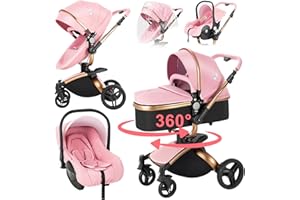 Magic ZC PU Leather 3 in 1 Pushchair Pram Travel System, Baby Stroller 3 in 1 with 360° Rotatable Seat, Newborn Infant Carriage One-Click Folding, Toddler Buggy Aluminum Frame (906 Pink)