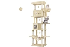 Hzuaneri Drapak duży, Wieża dla kota Maine Cat Large Cat, Wielopoziomowy drapak z dużym żerdziem, Zmywalna mata, Meble do domu dla kota z 2 jaskiniami, 8 drapaków, Beżowy MS21018YL