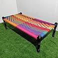 FURNWEAVE Solid Sheesham Wood Handmade Rajasthani Charpai | Cotton Rope Khatiya Charpai Single Bed Without Storage| Wooden Cot Bed | Khatiya-Khaat| 6X3 Feet, Color - Colorful (Blue-Multi)