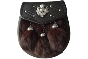 SHYNE KILTS U.K SPORRAN DE KILT CHARDON CRÊTE BRUN LAPIN FOURRURE 3 FRANGES CHROME CISELÉ ESCARCELLE