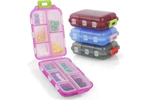 ACWOO Pill Box Organizer, 4st bärbar medicinförvaringslåda med 10 fack, pillerfodral Pilldispenser för att hålla vitaminer, torskleverolja, kosttillskott och medicin för resor och arbete