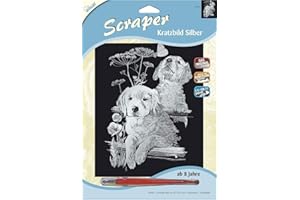 MAMMUT 136014 - Kratzbild, Motiv Labradors, silber, glänzend, Komplettset mit Kratzmesser und Übungsblatt, Scraper, Scratch, Kritzel, Kratzset für Kinder ab 8 Jahre
