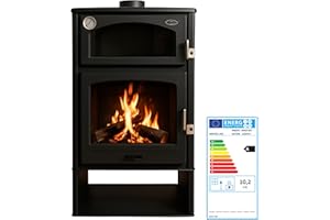 EIDER BIOMASA - Estufa de Leña Aston con Horno en Acero Inoxidable - 13,1 kW - Calienta hasta 225 m³ - Compacta 97x50x63 cm - Clase Energética A - Gran Carga, Amplio leñero y Horno Funcional