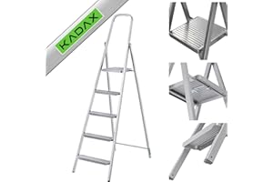 KADAX Escalera unilateral de acero con pies antideslizantes, peldaños con estante, plegable, doméstica con peldaños anchos (5 niveles)