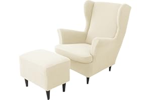 JHLD Stretch Husse für Ohrensessel Mit Ottomane Schonbezug, 2 Stück Husse für Ohrensessel Jacquard Ohrensessel Schonbezug Hockerbezug Für Hunde Katzen -Beige-3 Stück