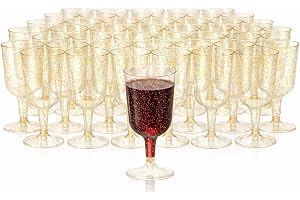 MATANA 50 Vinglas i Klar Hårdplast med Guldglitter (170ml) - Eleganta, Robusta och Återanvändbara - Födelsedagar, Bröllop, Ju