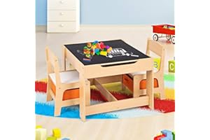 RELAX4LIFE 3 in 1 Tavolino e Sedie per Bambini in Legno, Tavolo con Piano Reversibile (Lavagna/Bianco), 2 Sedie con Cassetti, Tavolo Bambini con Sedie per Gioco/Studio (62 x 62 x 48,5 cm, Naturale)
