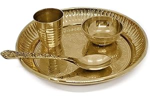 SATVIK STORE Satvik Brass 4 Pc Bhog Thali Set for Laddu Gopal Brass Bhog Thali with Glass, Bhog Bowl and Pooja Spoon for Home and Temple Kanha Ji Bhog Plate Set (Medium)