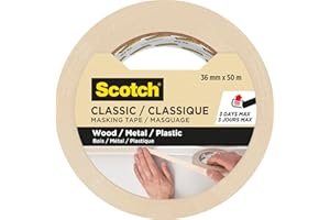 SCOTCHBLUE Scotch Kreppband Classic Premium Beige, 36 mm x 50 m - Hochwertiges Universal-Abklebeband, Premium Malerkrepp für Malerarbeiten und Dekoration