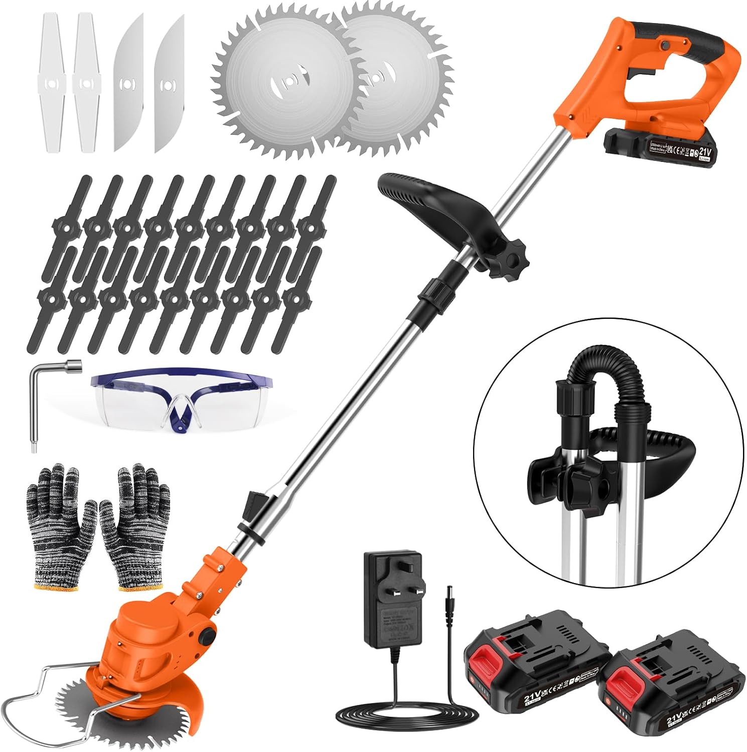 Cordless Strimmer with 4 Blades and 2 x 21V 2000mAh Battery, Garden Strimmer with Foldable Design and Adjustable Telescopic Shaft, Grass Trimmer for Lawn, Bushes and Yard - Orange