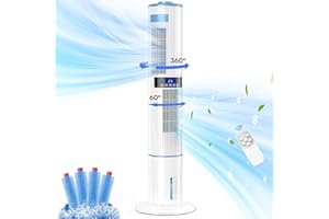 Aptorlty Mobile Air Conditioner, 43.3'' Tower Fan 65W Evaporative Air Coolers 1-24H Timer 60°/360° Oscillation 3 Mode/Speed 26.24ft/s Wind w/ 4 Ice Box Remote Control Cooler for Home/Kitchen/Office
