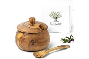 SOLTAKO Especiero con Cucharas de Madera de Olivo, Azucarero y Salero, Cajas de Cocina, Condimento, Especiero Ø 10 cm