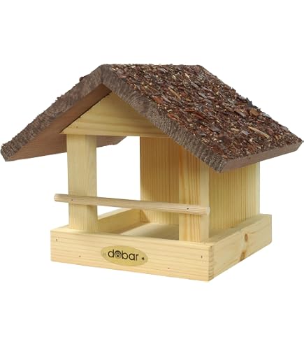 Mangeoire à Oiseaux En Bois De Noisetier Et Pin - Protection Pluie/Neige, Pic En Noisetier - Pour Jardin, Balcon, Terrasse