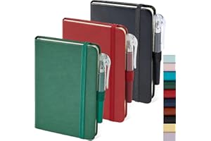 NIRMIRO Confezione da 3 piccoli quaderni, mini taccuini foderati in pelle, per uomini e donne, piccolo blocco note con portapenne, nero, rosso, verde