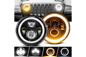 BraveWAY Paire 7 Pouces Phare de Travail LED Rond 80W 4 Modes Eclairages 3000K 6000K HI LO Beam avec Angel Eye Ring DRL Ambré Câble H4-H13 pour Off Road Wrangler LJ TJ CJ JK Hum H1 H2 etc.