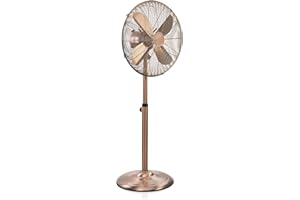Tristar VE-5971 Ventilador de pie metálico retro, 40 cm de diámetro y oscilante, 3 velocidades, motor de cobre, ángulo ajustable 20°, 64,3 dB, asa integrada, altura ajustable, bronce, 50 W