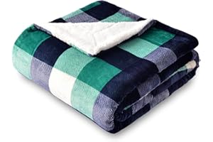 SOCHOW Koc polarowy w kratę Sherpa, dwustronny, super miękki, luksusowy, 150 x 200 cm, zielony/biały