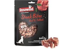 Rosewood Steak Bites Bœuf & Colin – Friandise Tendre pour Chien, Riche en Viande et Poisson, pour l’entraînement, sans céréales ni Gluten, sans additifs artificiels, 100 g