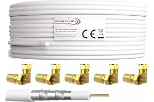 RedStar24 Cavo Coassiale SAT 30m 135dB Digitale | Classe A+ | Schermatura a 5 Strati per Ultra HD 4K DVB-S/S2, DVB-C/C2, DVB-T | Cavo Antenna Coassiale | 10 Connettori F | Bianco 30 Metri