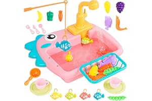 MAYCOLY Giocattolo Lavello da Cucina con Rubinetto Aggiornato, Giocattoli per lavello da Cucina Set con Acqua Corrente, Giocattolo da Pesca, Giocattolo per Lavastoviglie per Giochi di Ruolo per Bambini, Rosa