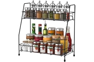 BOKIOVIN Étagère à Épices Cuisine, Porte-Épices en Métal, Rangement Epices Cuisine pour Comptoir,Étagère de Rangement 2 Niveaux,Noir