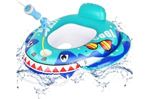 FOYOCER Baby Swimming Float with Water Gun Shark Pool Floats Kids Inflatable Pool Toys for Toddlers 1-6 Baby Float with Seat Summer Outdoor Water Games for Kids Weight Less Than 21Kg