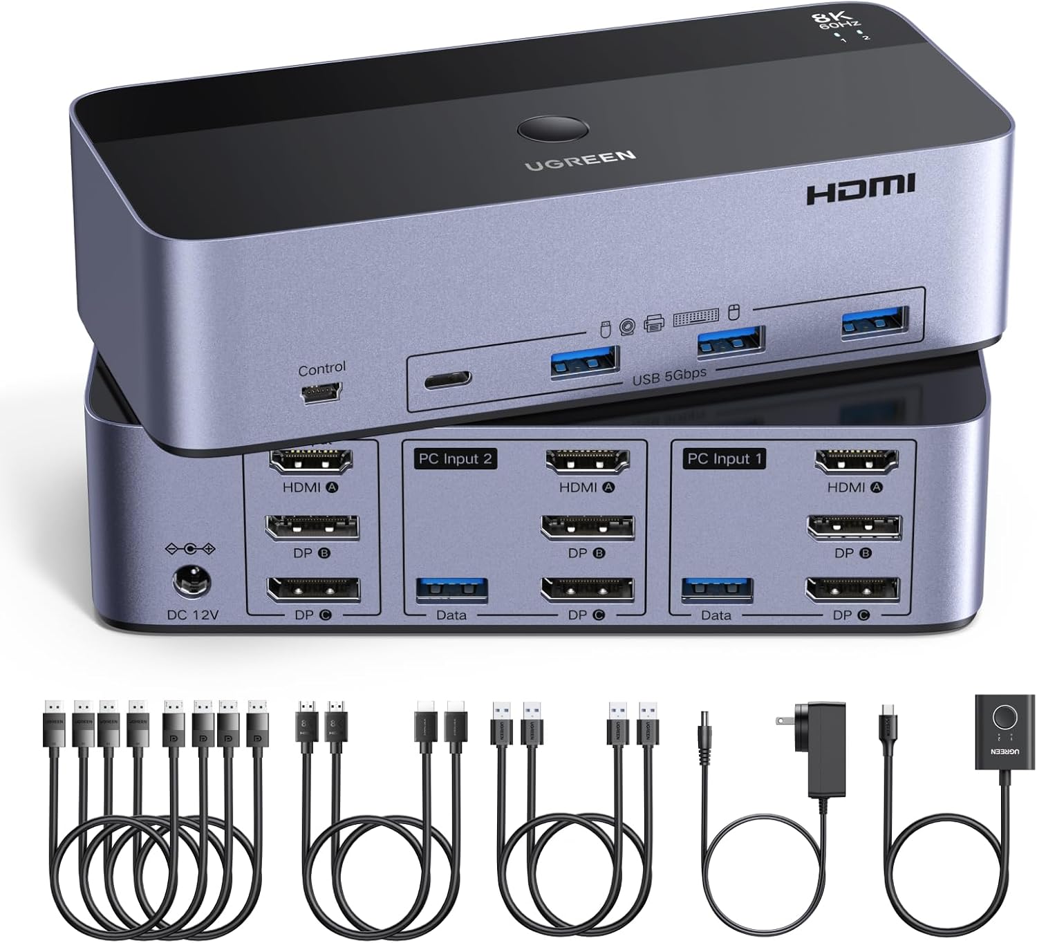 UGREEN HDMI + Displayport 8K@60Hz KVM Switch 3 Monitors 2 Computers Support 4K@120Hz, 4 Port USB3.0 KVM Switches for 2 Computers Share Keyboard, Mouse, Hard Drives and 3 Monitors