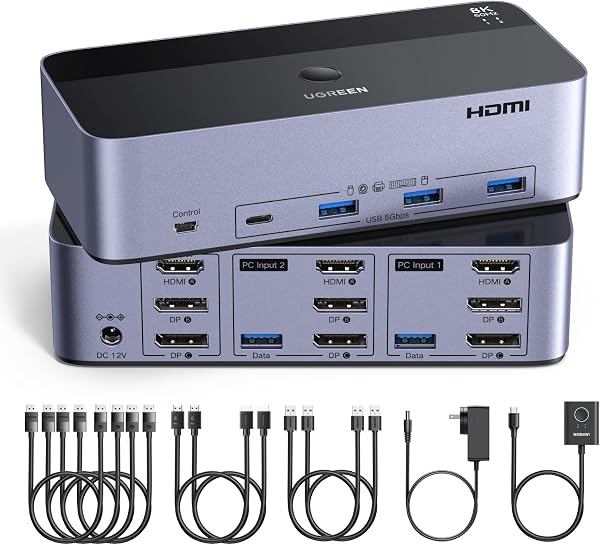 UGREEN 8K@60Hz HDMI Displayport KVM Switch 3 Monitors 2 Computers, Aluminum 4K@240Hz with 4 USB 3.0 Ports for 2 Computers Share Triple Monitors with 4 DP+2 HDMI+2 USB Cables/Power Adapter/Controller - 1