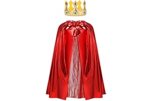 AOOWU Kids King Costume with Cape and Crown,Red Velvet Royal Cloak with Detachable Crown, Unisex Cloak Medieval Costume for Halloween Christmas World Book Day Birthday Party,One Size (80cm)