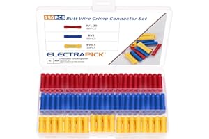 Electrapick 150Pcs Crimp Butt Connectors, Insulated Straight Electrical Connectors, Automotive Cable Crimp Terminals, Butt Splice Connectors(Blue/Red/Yellow)